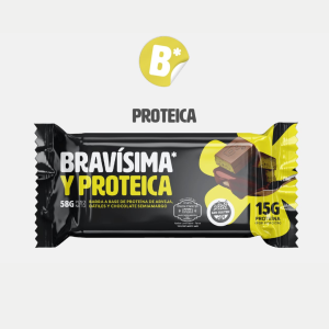 Barra BRAVÍSIMA PROTEICA a base de proteína de arveja, con dátiles, maní y chocolate amargo